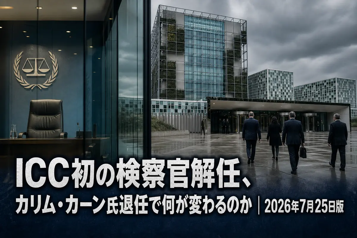 国際刑事裁判所の建物と空席になった検察官席を表現したイメージ。