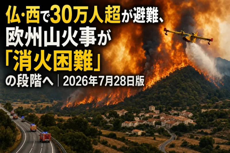 フランスとスペインで拡大する大規模な山火事のイメージ。