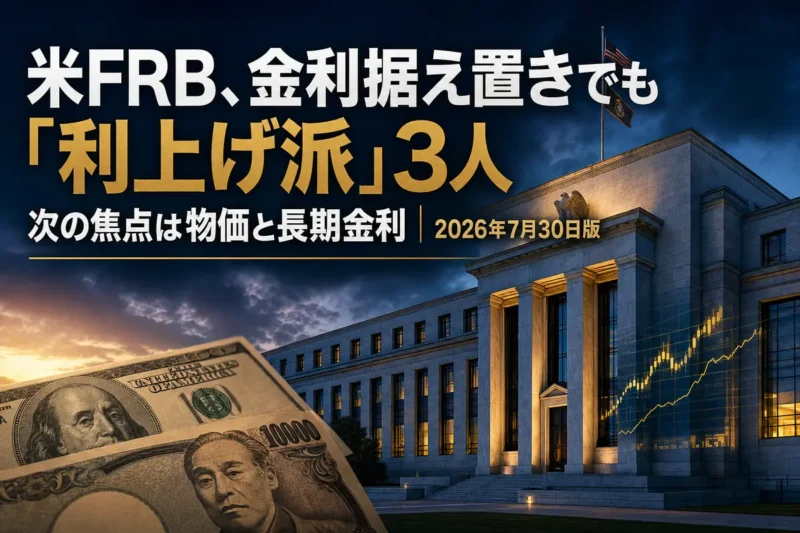 米連邦準備制度理事会の建物と上昇する金利を示すイメージ。