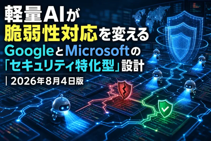 複数の軽量AIエージェントがコードの脆弱性を探索し修正する様子。
