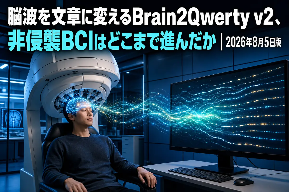 非侵襲の脳磁図からAIが文章を復号する研究イメージ。