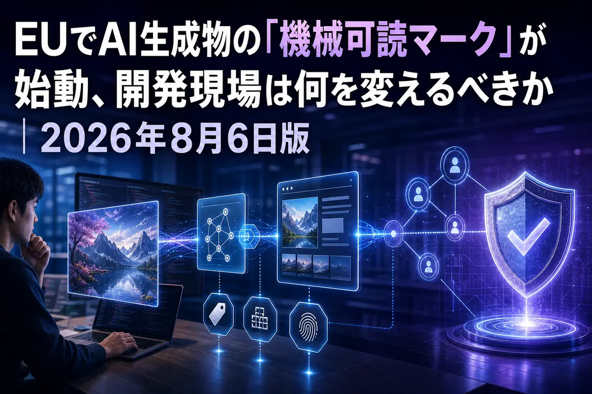 AI生成物の来歴情報をAPIから配信まで検証する仕組みのイメージ。