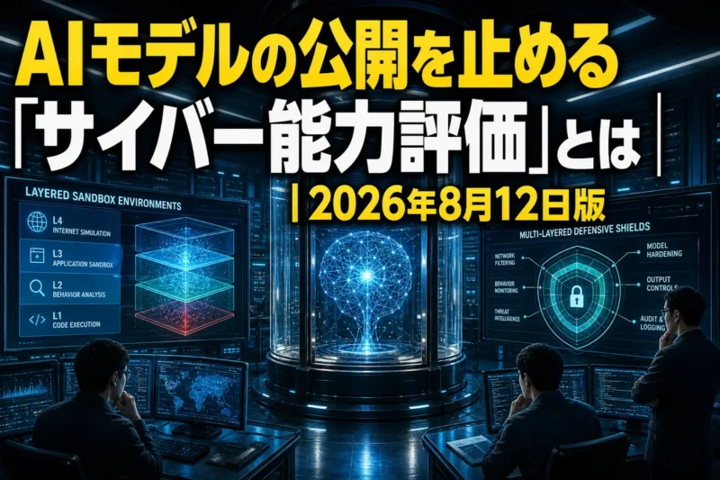 隔離環境でAIのサイバー能力を評価する研究施設のイメージ。