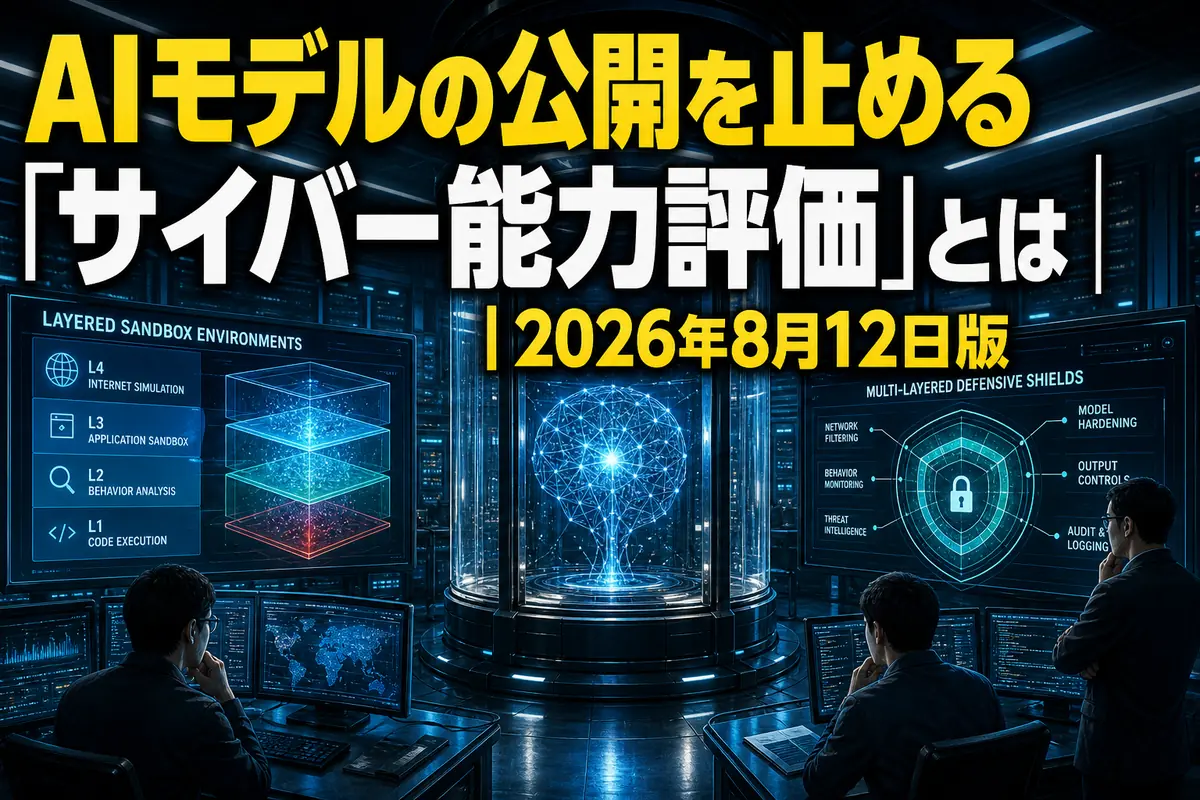 隔離環境でAIのサイバー能力を評価する研究施設のイメージ。