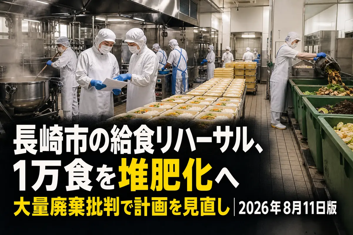 学校給食センターで調理工程を確認する職員と再資源化設備のイメージ。