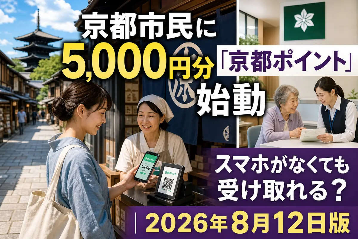京都の商店街でデジタル地域ポイントを利用する市民と相談窓口の様子。