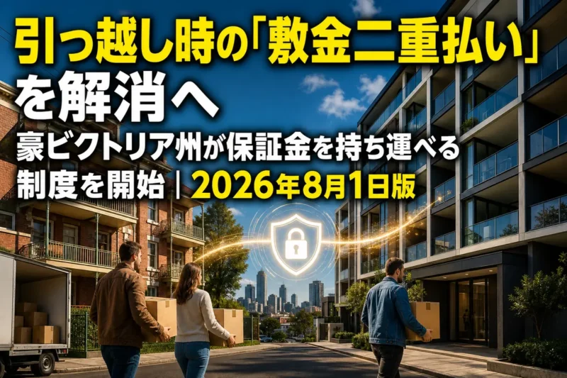 豪ビクトリア州で旧居から新居へ保証金を移して引っ越す人々のイメージ。