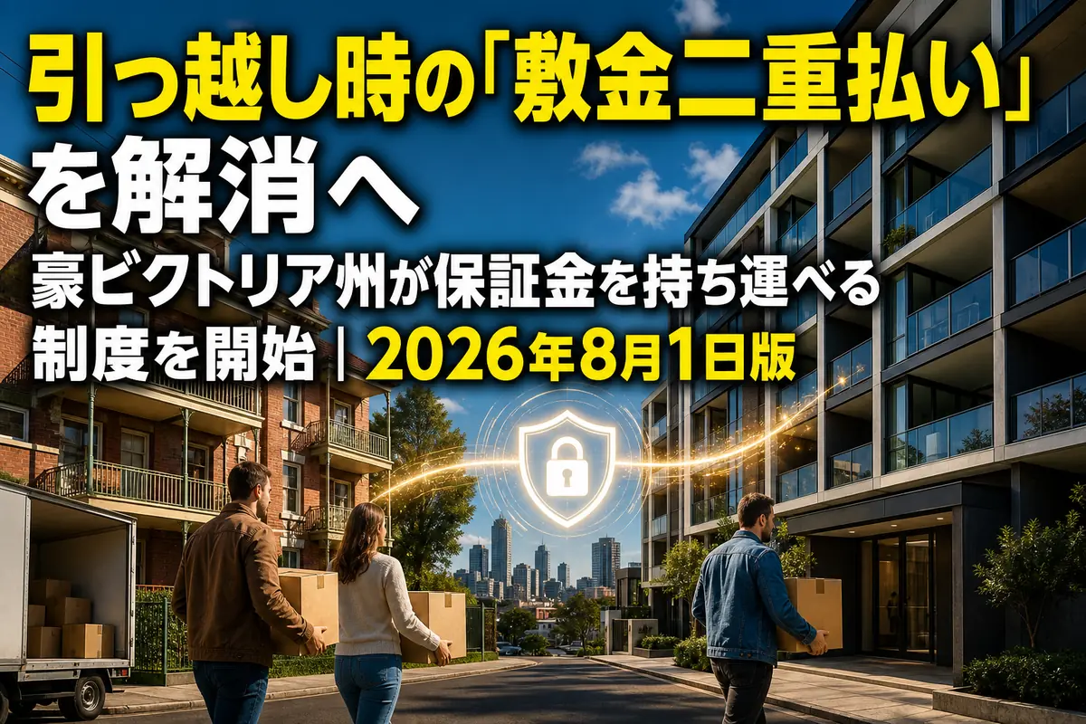 豪ビクトリア州で旧居から新居へ保証金を移して引っ越す人々のイメージ。