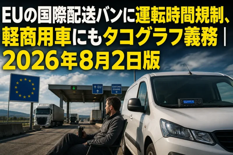 EU域内の国境付近で休憩する小型配送バンの運転手。
