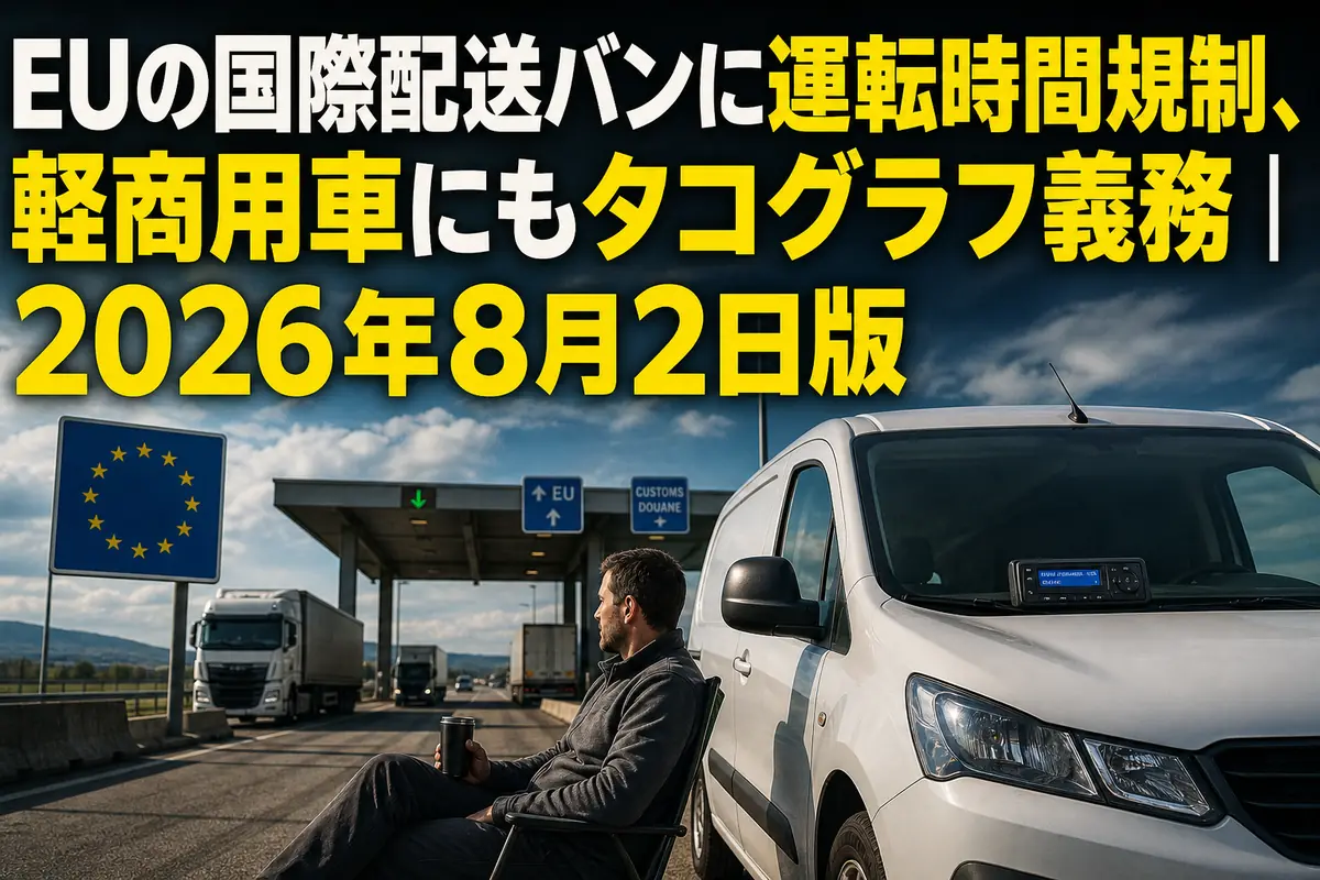 EU域内の国境付近で休憩する小型配送バンの運転手。