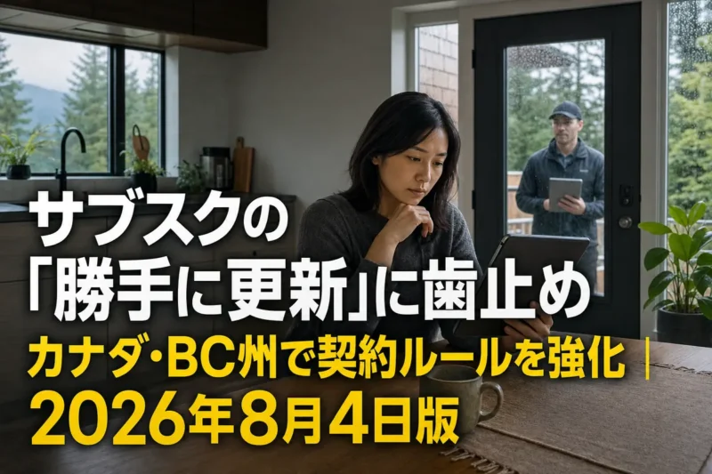 タブレットで契約条件を確認するBC州の消費者と玄関先の訪問販売員。