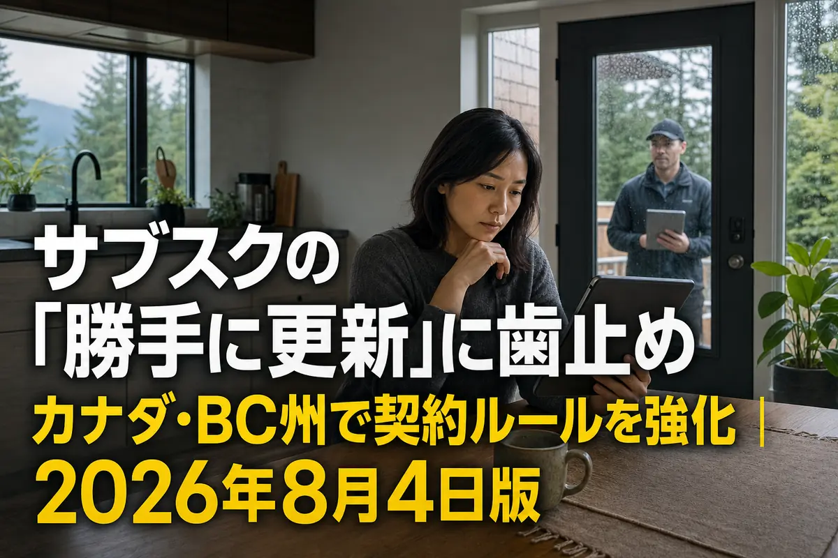 タブレットで契約条件を確認するBC州の消費者と玄関先の訪問販売員。