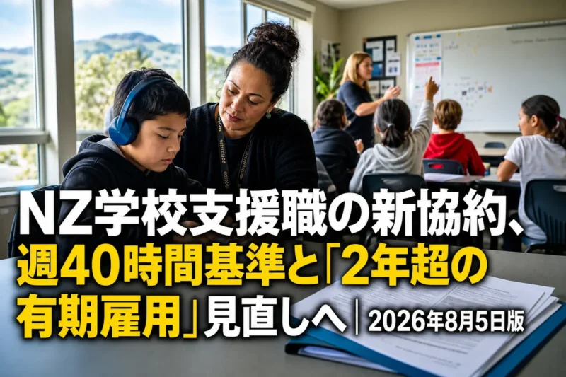 ニュージーランドの教室で児童の学習を支援する学校職員。