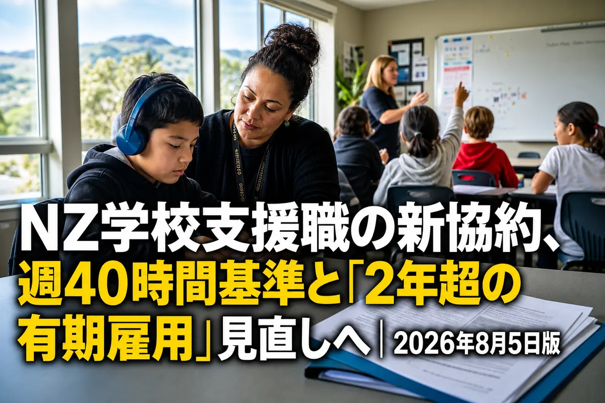 ニュージーランドの教室で児童の学習を支援する学校職員。