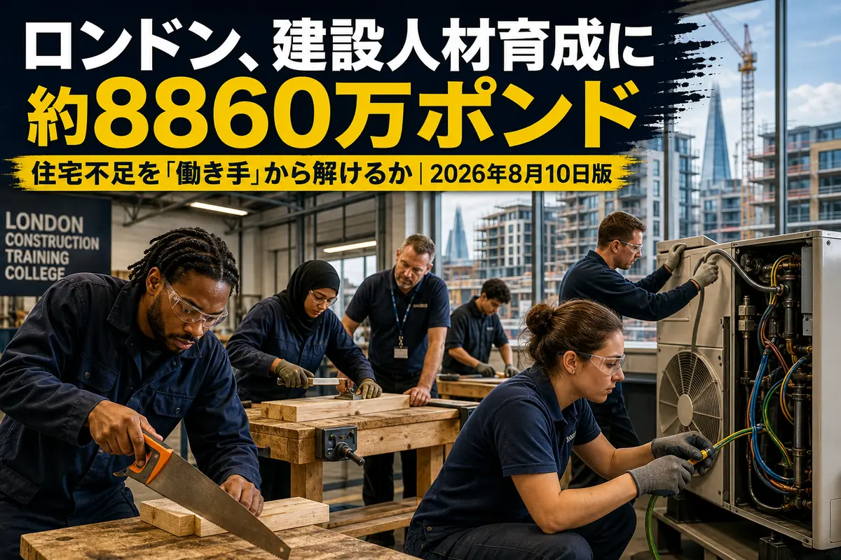 ロンドンの職業訓練施設で建設技能を学ぶ人々。