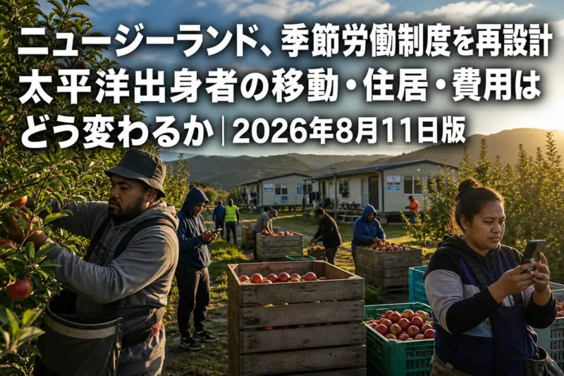 ニュージーランドの果樹園で収穫作業をする季節労働者たち。