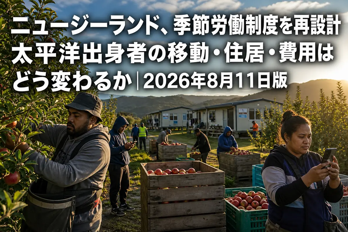 ニュージーランドの果樹園で収穫作業をする季節労働者たち。
