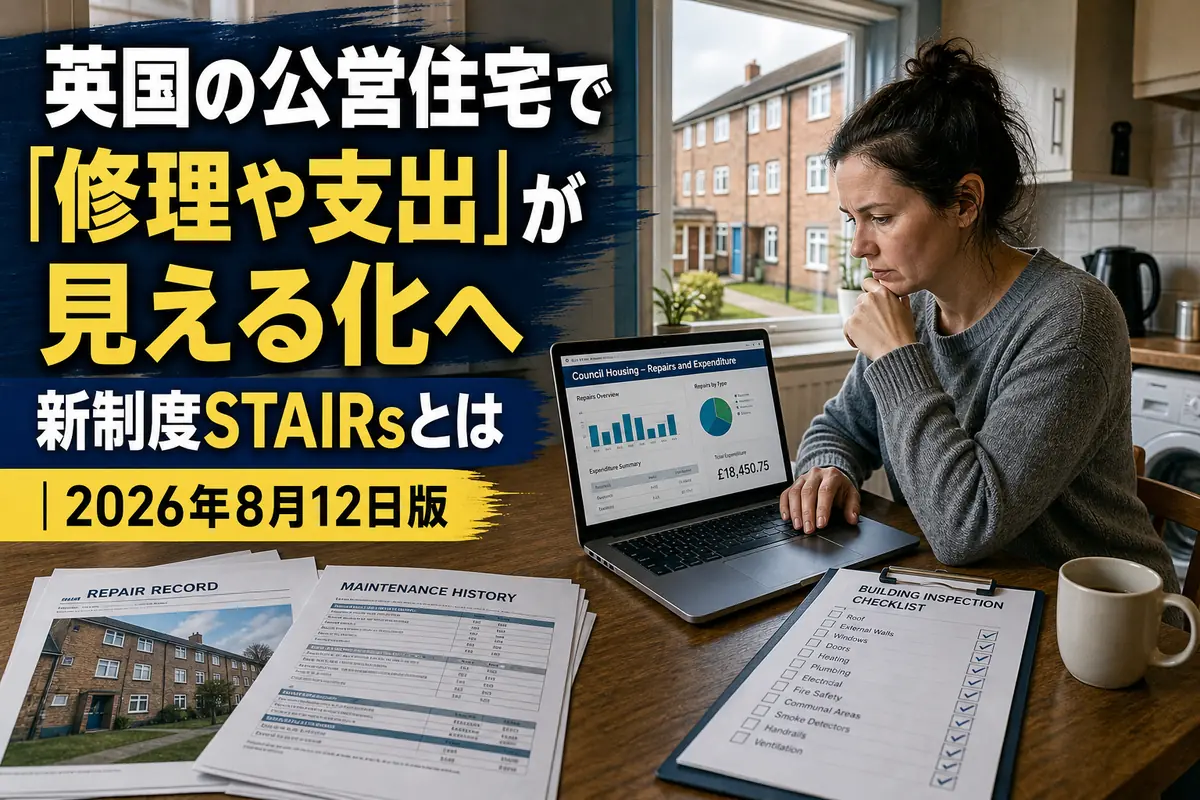 社会住宅の入居者がパソコンで修繕や安全情報を確認している。