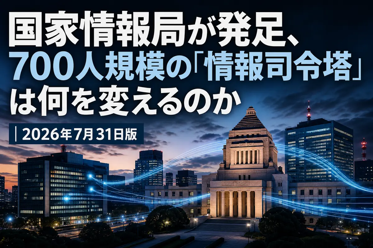 国会議事堂と官庁街を情報の光が結ぶイメージ。