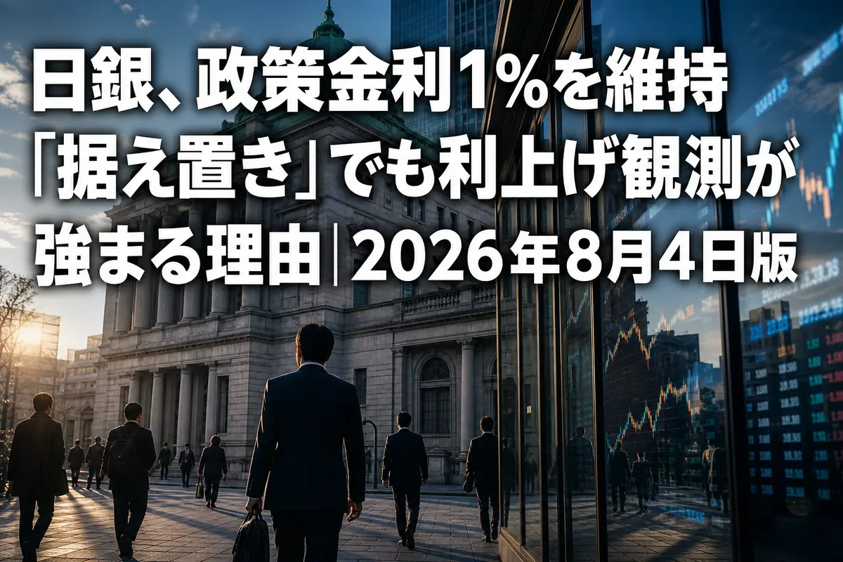 日本銀行本店と行き交う人々を捉えた金融政策ニュースのイメージ。