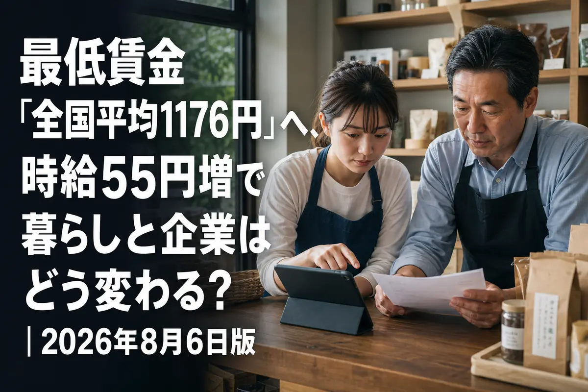 最低賃金の改定を前に給与計算を確認する働く人と事業者。