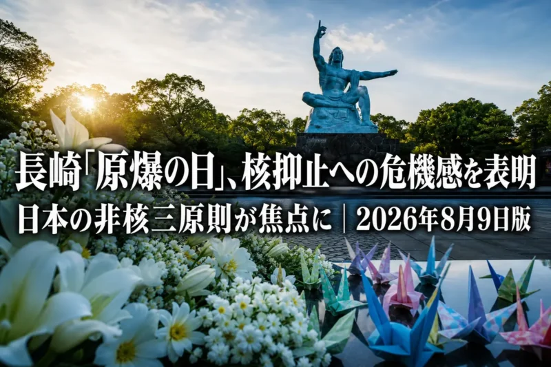 静かな朝の長崎平和公園と平和祈念像。