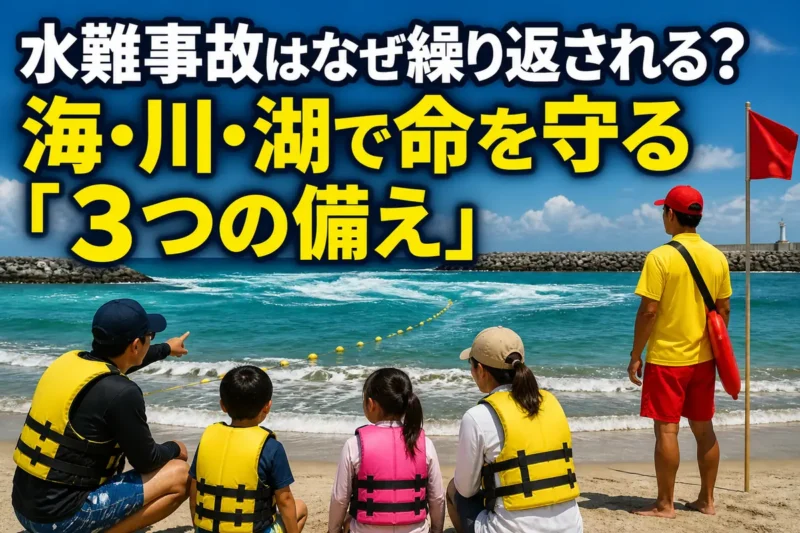 ライフジャケットを着用して安全に水辺を楽しむ家族。