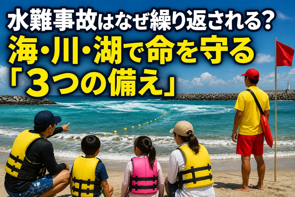 ライフジャケットを着用して安全に水辺を楽しむ家族。