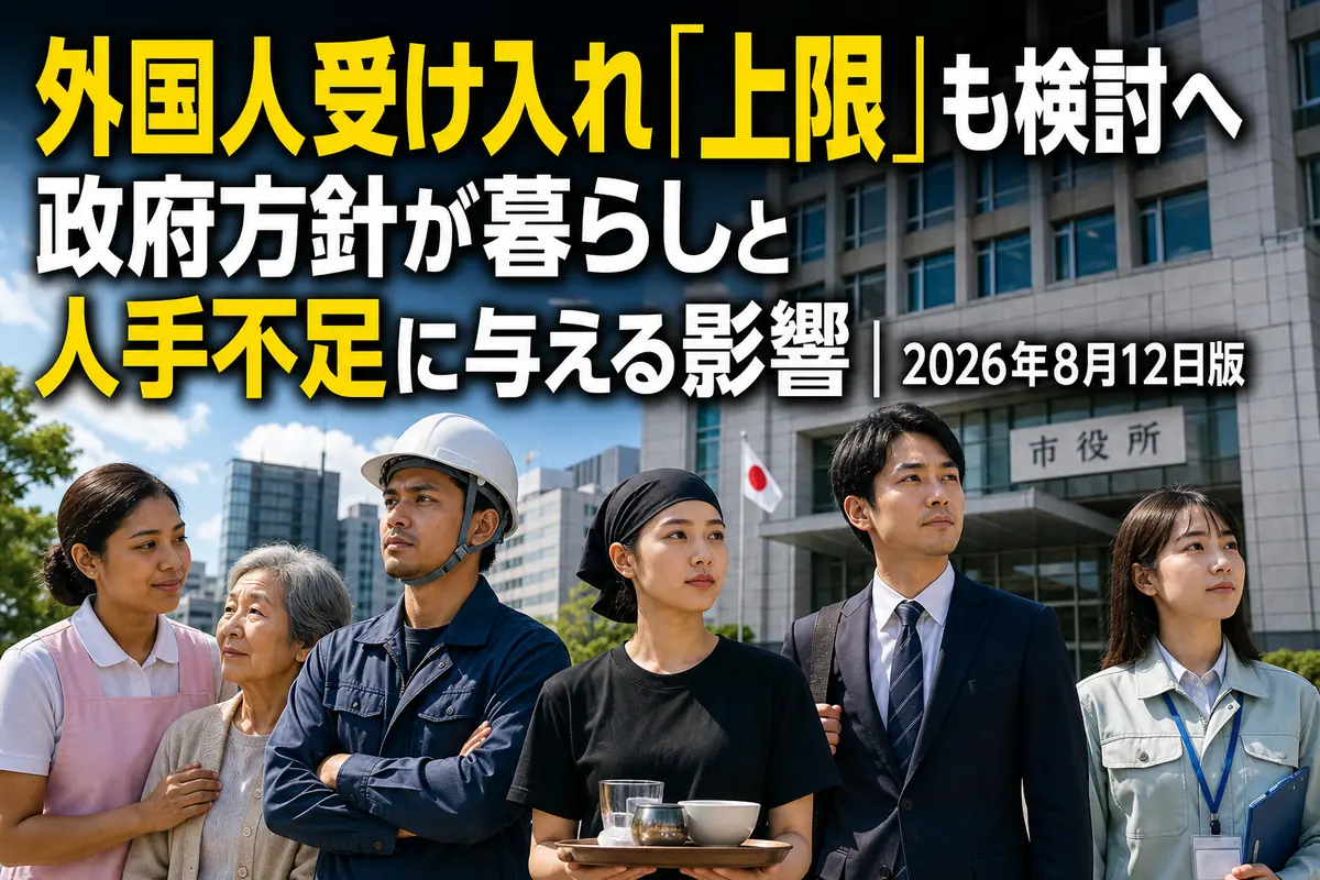 外国人材と地域住民が自治体庁舎の前に集まる様子。