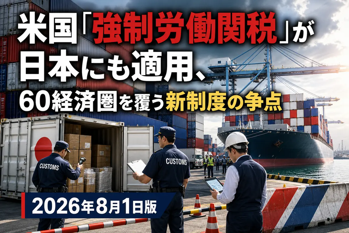 国際港でコンテナ貨物を検査する税関職員と貨物船。