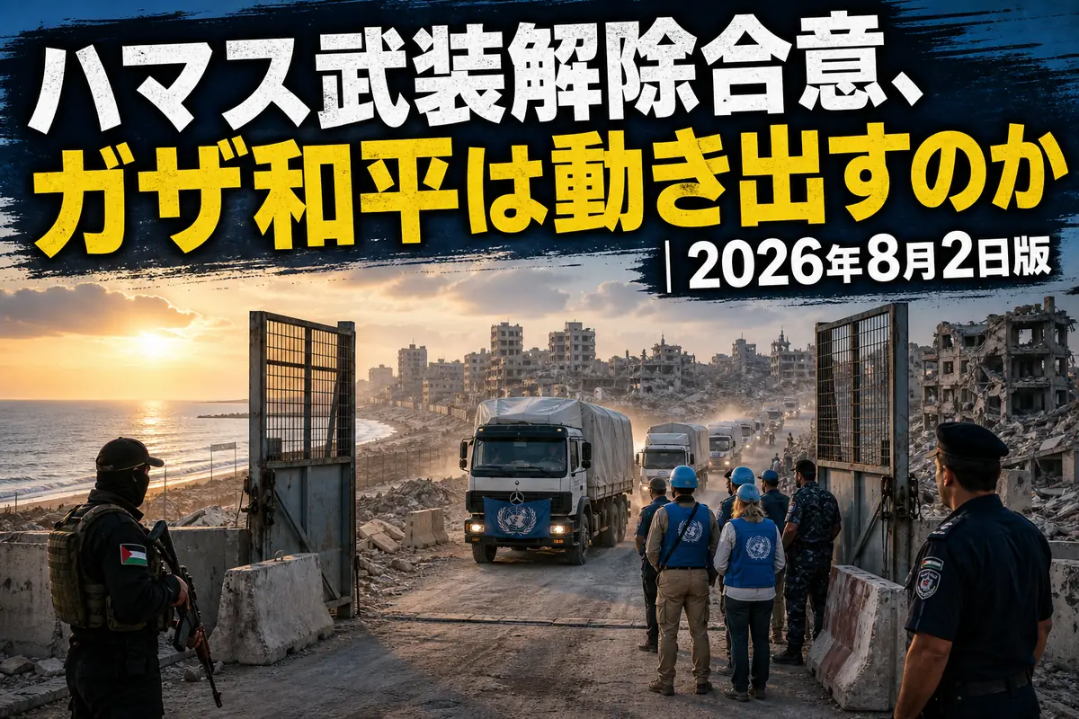 ガザの検問所へ向かう支援車両と復興途上の街並み。