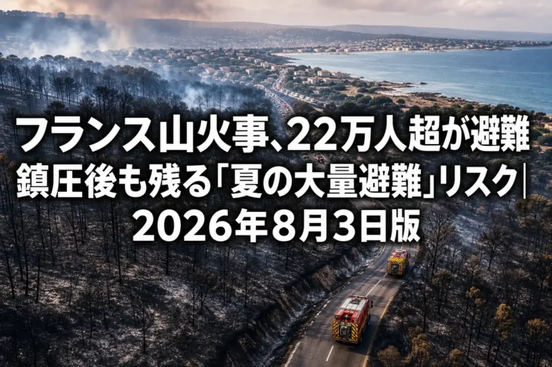 フランス南西部の森林火災で焼けた土地と避難道路を上空から見る様子。