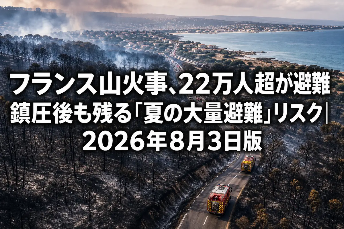 フランス南西部の森林火災で焼けた土地と避難道路を上空から見る様子。