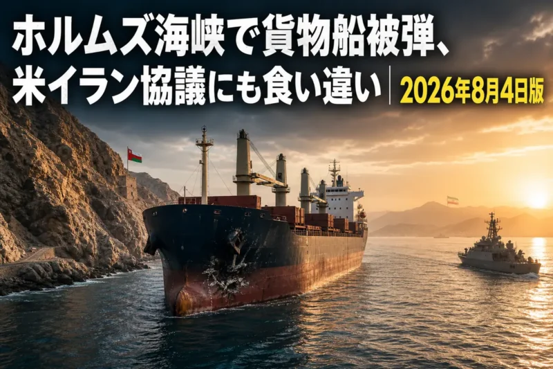 緊張が続くホルムズ海峡を航行する貨物船。