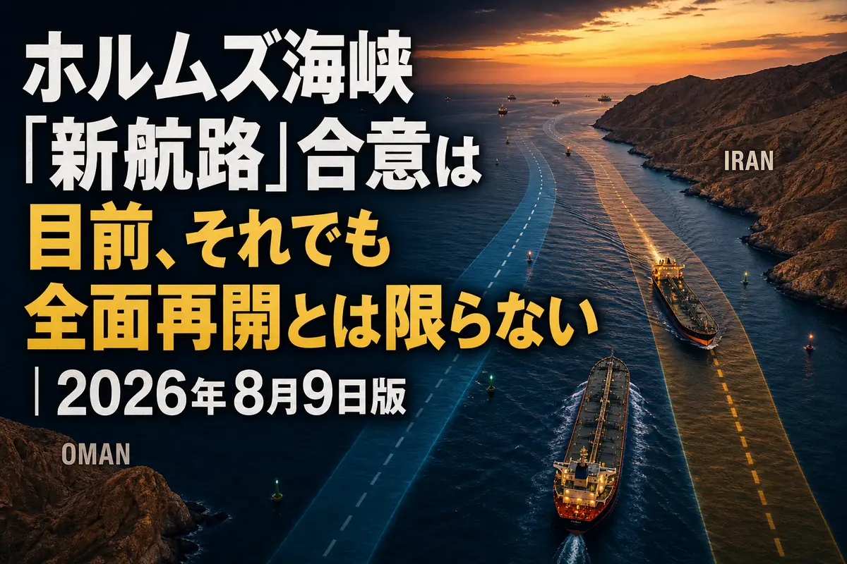 ホルムズ海峡を航行するタンカーとイラン・オマーン両岸のイメージ。