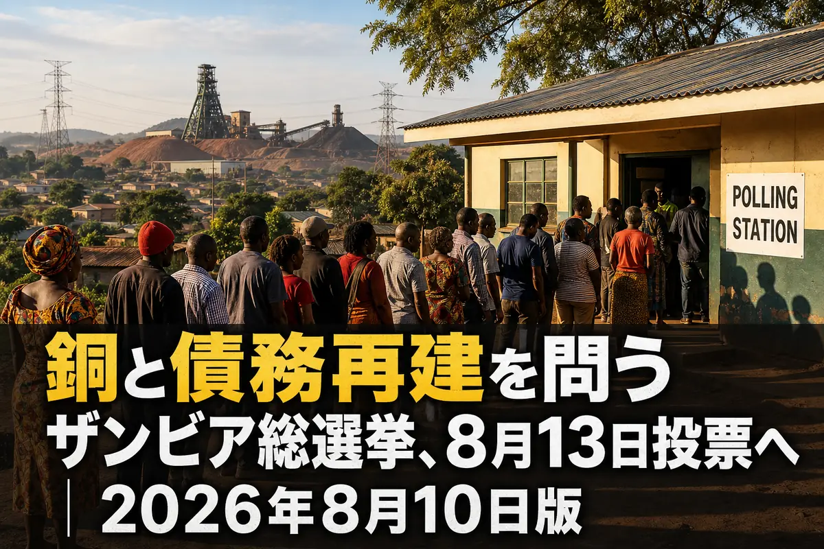 総選挙を控えたザンビアの投票所と銅産業を象徴する風景。